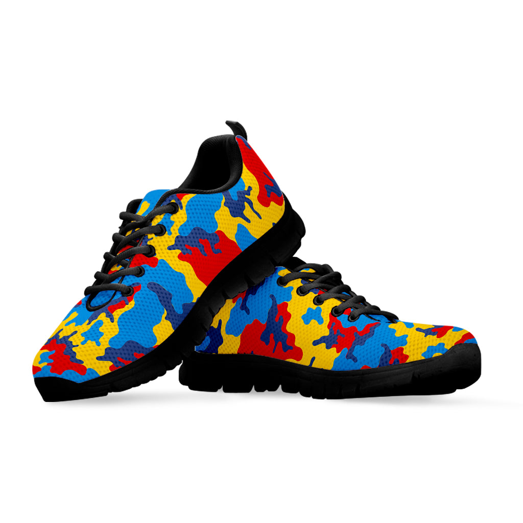Red Yellow And Blue Camouflage Print Black Running Shoes