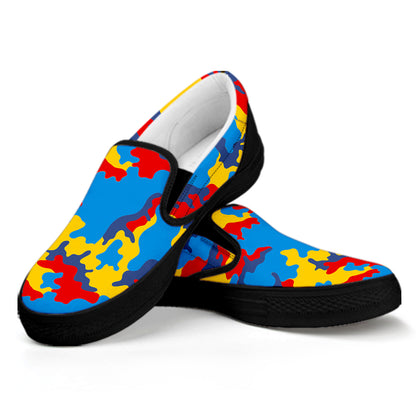 Red Yellow And Blue Camouflage Print Black Slip On Sneakers
