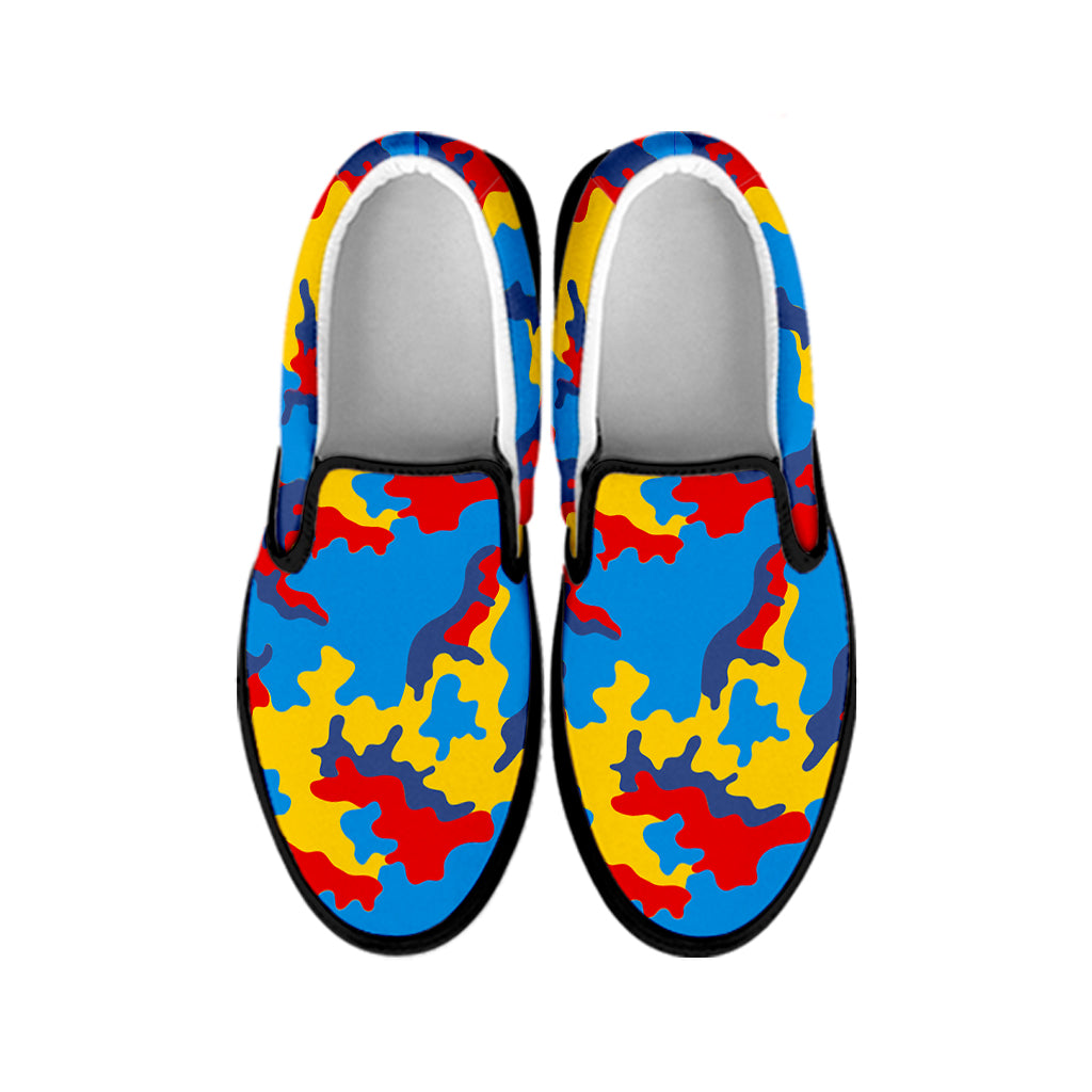 Red Yellow And Blue Camouflage Print Black Slip On Sneakers