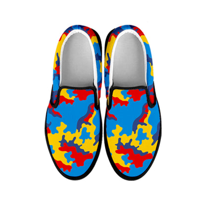 Red Yellow And Blue Camouflage Print Black Slip On Sneakers