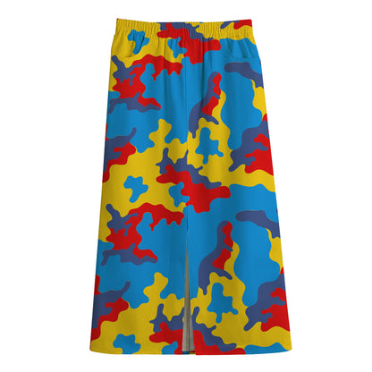 Red Yellow And Blue Camouflage Print Cotton Front Slit Maxi Skirt