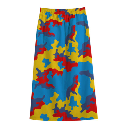 Red Yellow And Blue Camouflage Print Cotton Front Slit Maxi Skirt