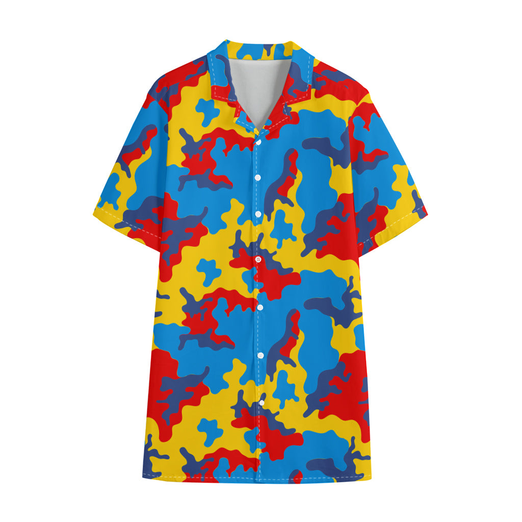 Red Yellow And Blue Camouflage Print Cotton Hawaiian Shirt