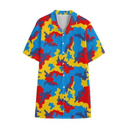 Red Yellow And Blue Camouflage Print Cotton Hawaiian Shirt