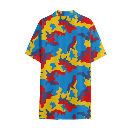 Red Yellow And Blue Camouflage Print Cotton Hawaiian Shirt