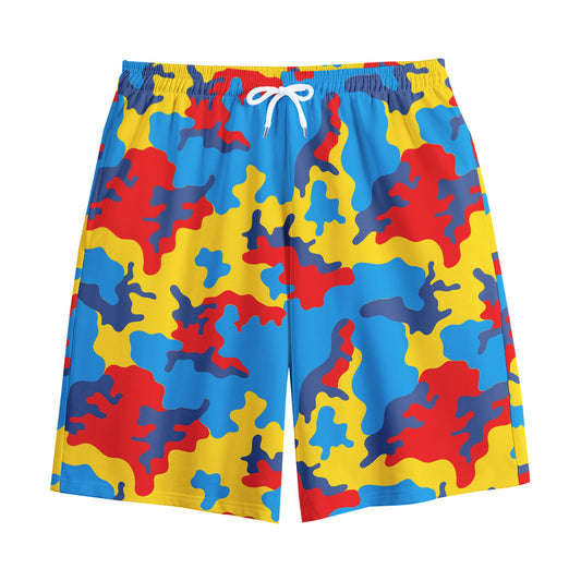Red Yellow And Blue Camouflage Print Cotton Shorts
