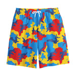 Red Yellow And Blue Camouflage Print Cotton Shorts