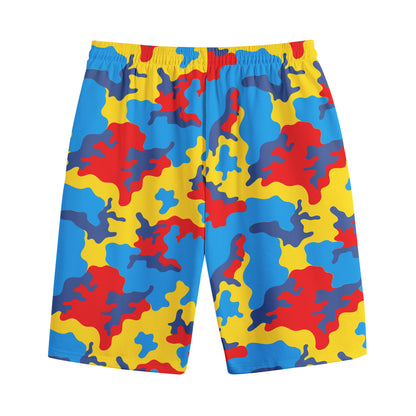 Red Yellow And Blue Camouflage Print Cotton Shorts
