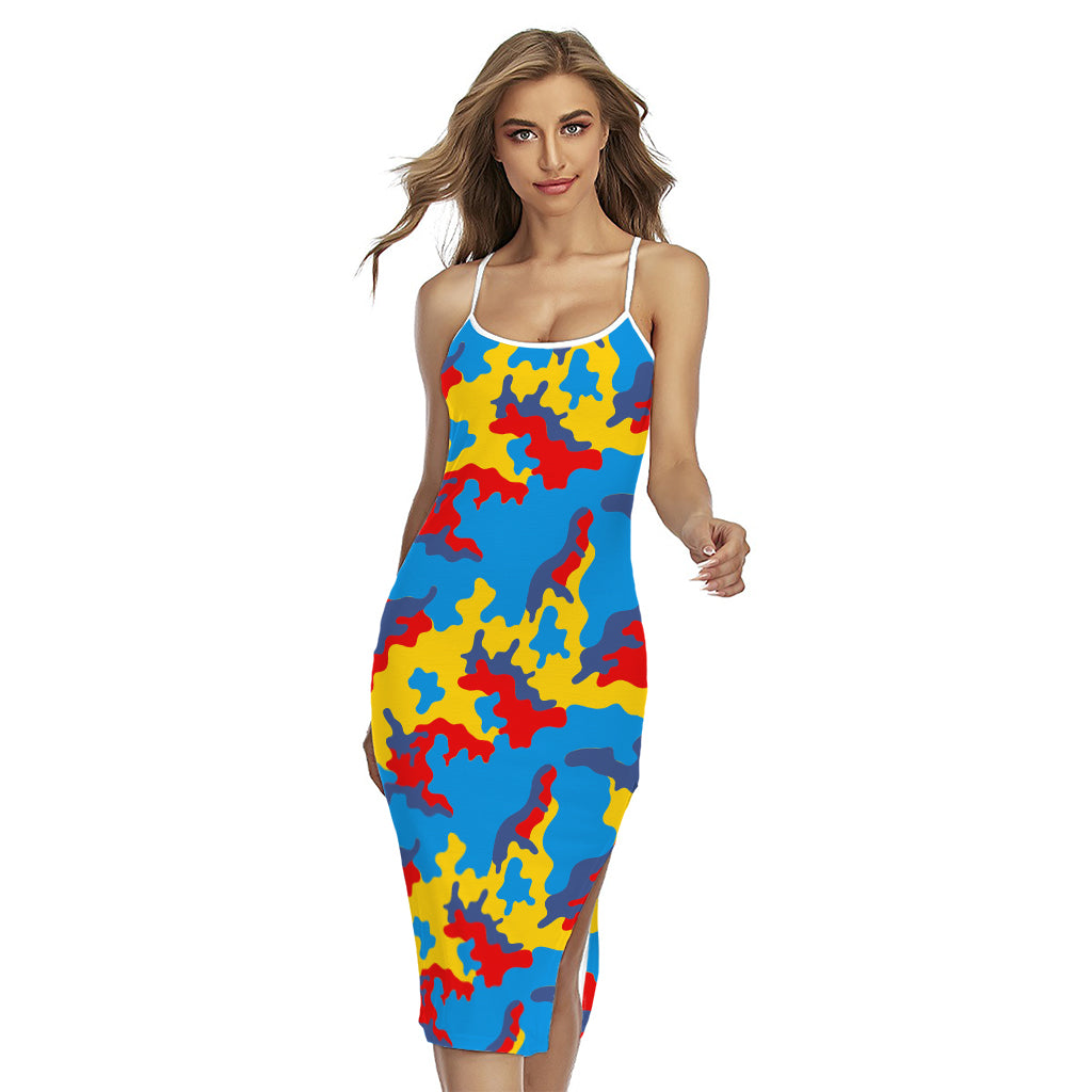 Red Yellow And Blue Camouflage Print Cross Back Cami Dress