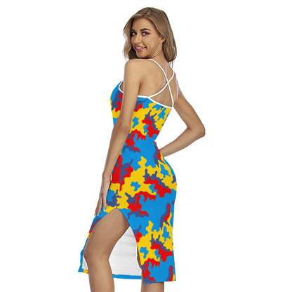 Red Yellow And Blue Camouflage Print Cross Back Cami Dress