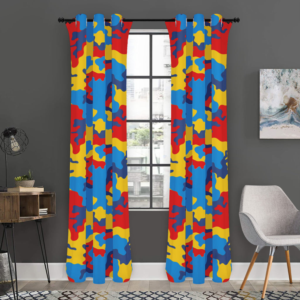 Red Yellow And Blue Camouflage Print Curtain