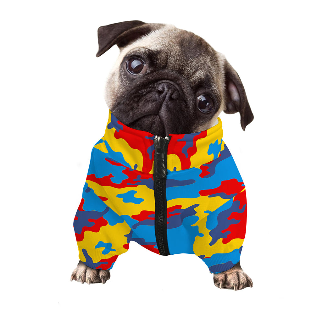 Red Yellow And Blue Camouflage Print Dog Zip Up Jacket