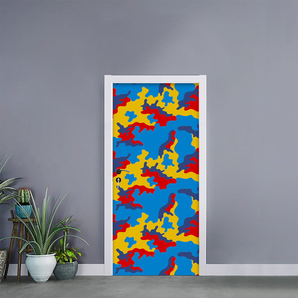 Red Yellow And Blue Camouflage Print Door Sticker