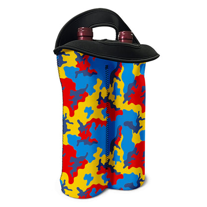 Red Yellow And Blue Camouflage Print Double Neoprene Wine Tote