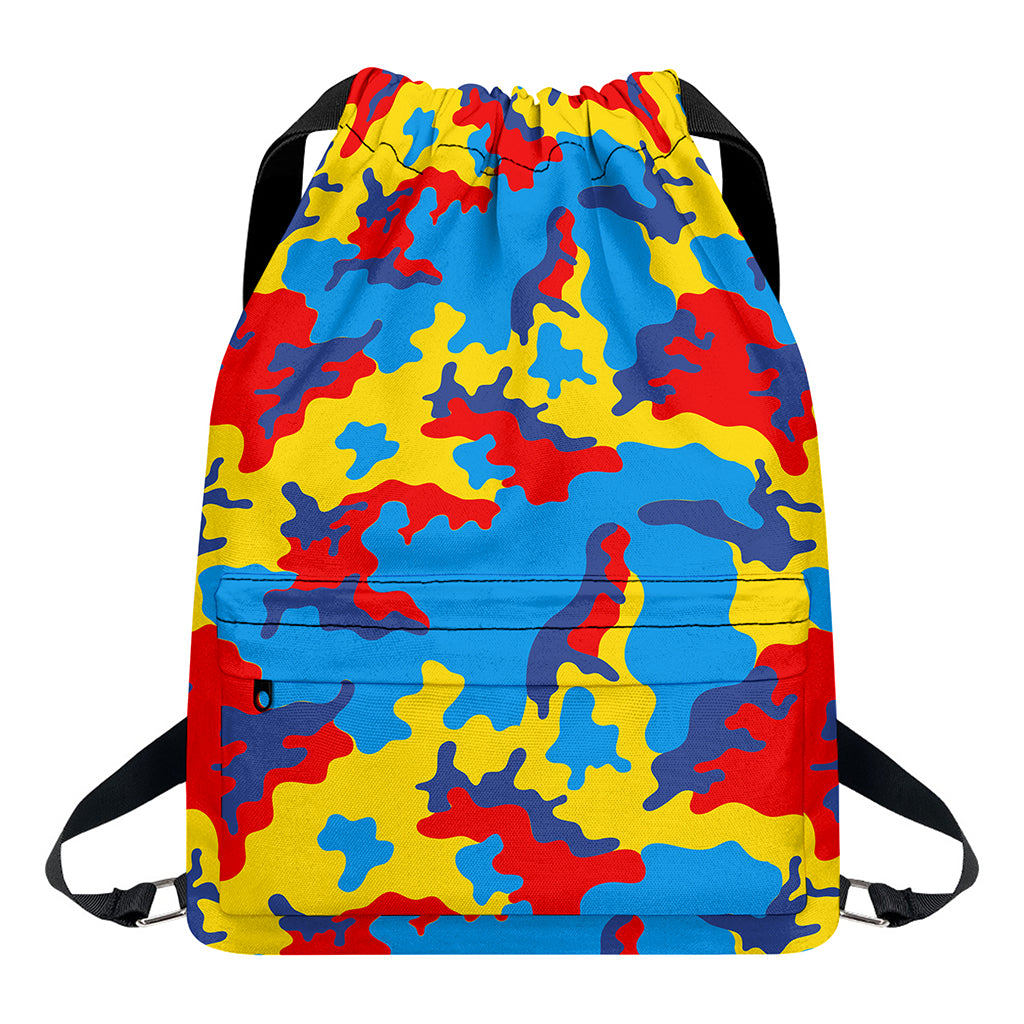 Red Yellow And Blue Camouflage Print Drawstring Backpack