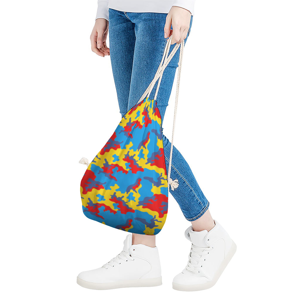 Red Yellow And Blue Camouflage Print Drawstring Bag