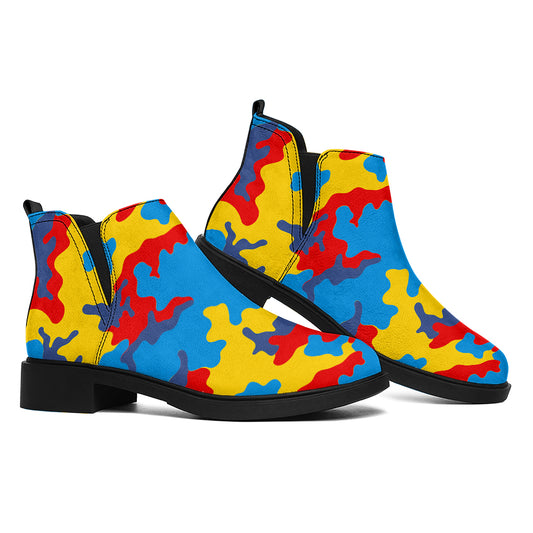 Red Yellow And Blue Camouflage Print Flat Ankle Boots