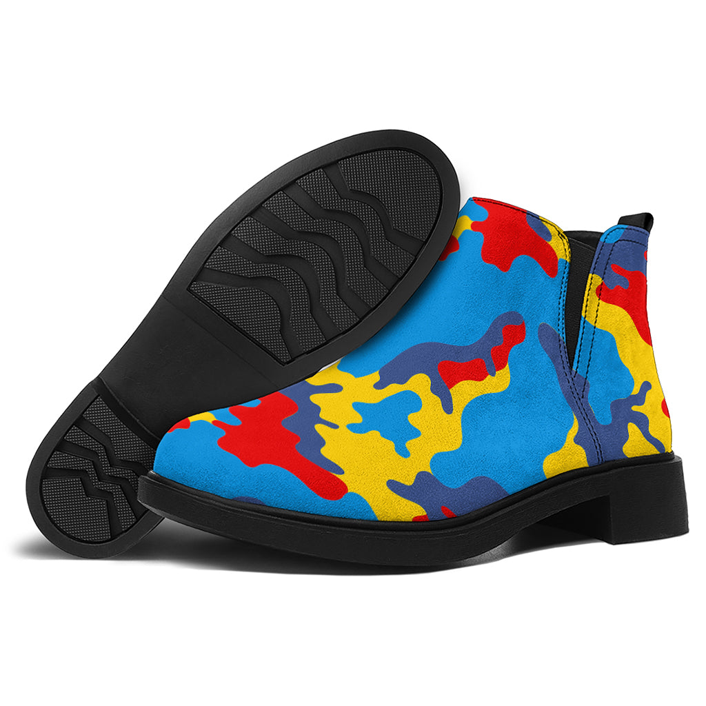 Red Yellow And Blue Camouflage Print Flat Ankle Boots