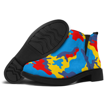 Red Yellow And Blue Camouflage Print Flat Ankle Boots
