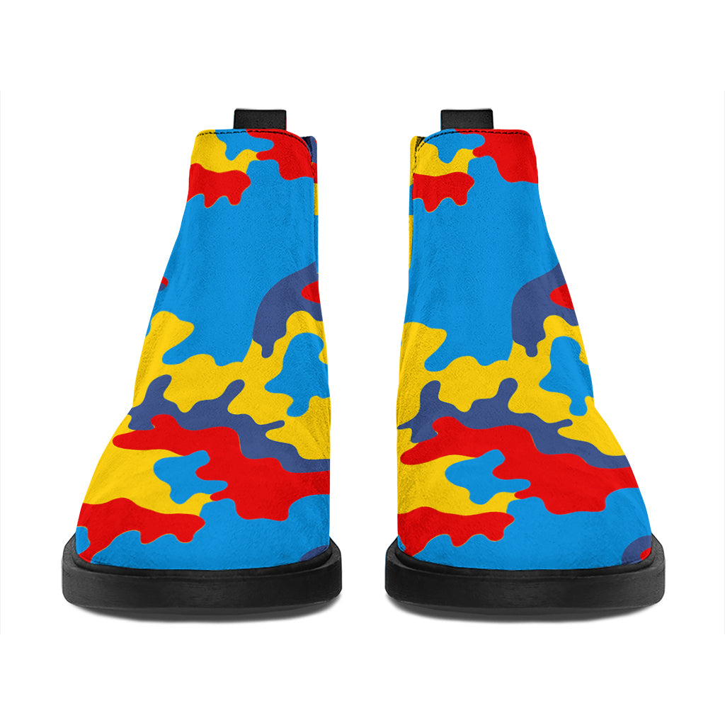 Red Yellow And Blue Camouflage Print Flat Ankle Boots