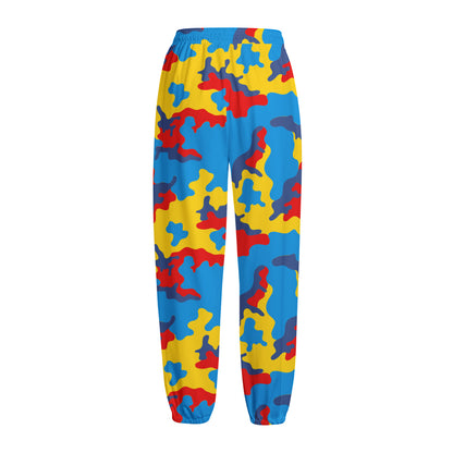 Red Yellow And Blue Camouflage Print Fleece Lined Knit Pants