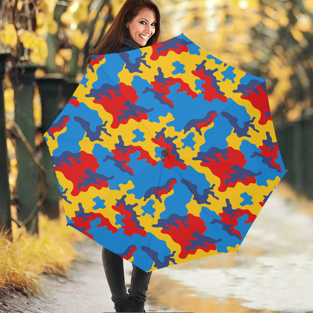 Red Yellow And Blue Camouflage Print Foldable Umbrella