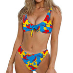 Red Yellow And Blue Camouflage Print Front Bow Tie Bikini