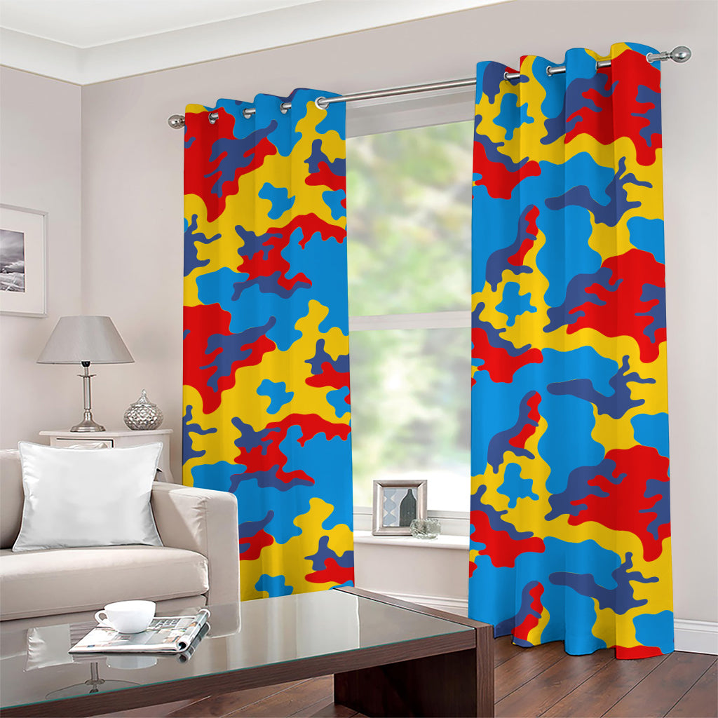 Red Yellow And Blue Camouflage Print Grommet Curtains