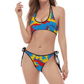 Red Yellow And Blue Camouflage Print Halter Scoop Tie Side Bikini