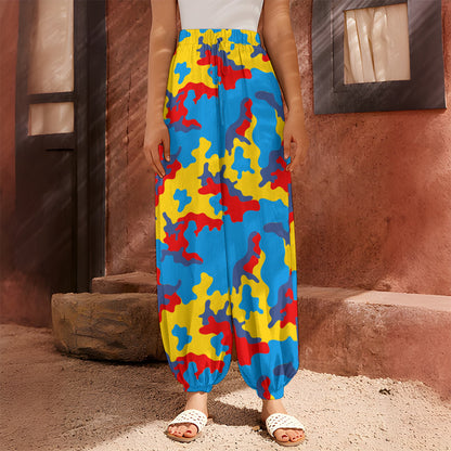Red Yellow And Blue Camouflage Print Harem Pants