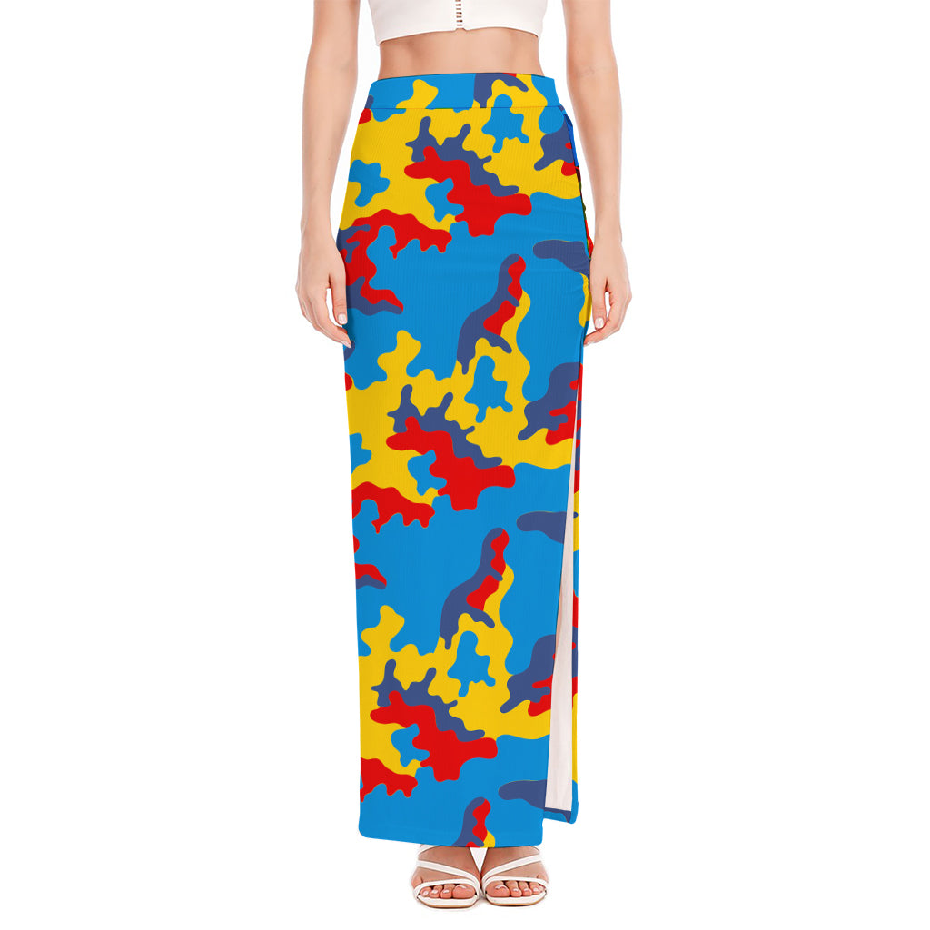 Red Yellow And Blue Camouflage Print High Slit Maxi Skirt