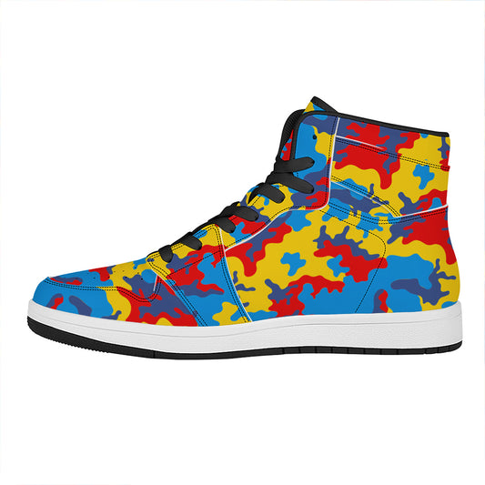 Red Yellow And Blue Camouflage Print High Top Leather Sneakers