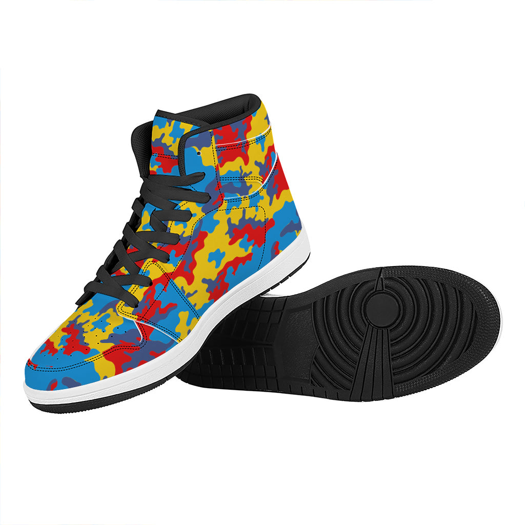 Red Yellow And Blue Camouflage Print High Top Leather Sneakers