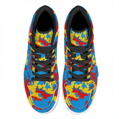 Red Yellow And Blue Camouflage Print High Top Leather Sneakers
