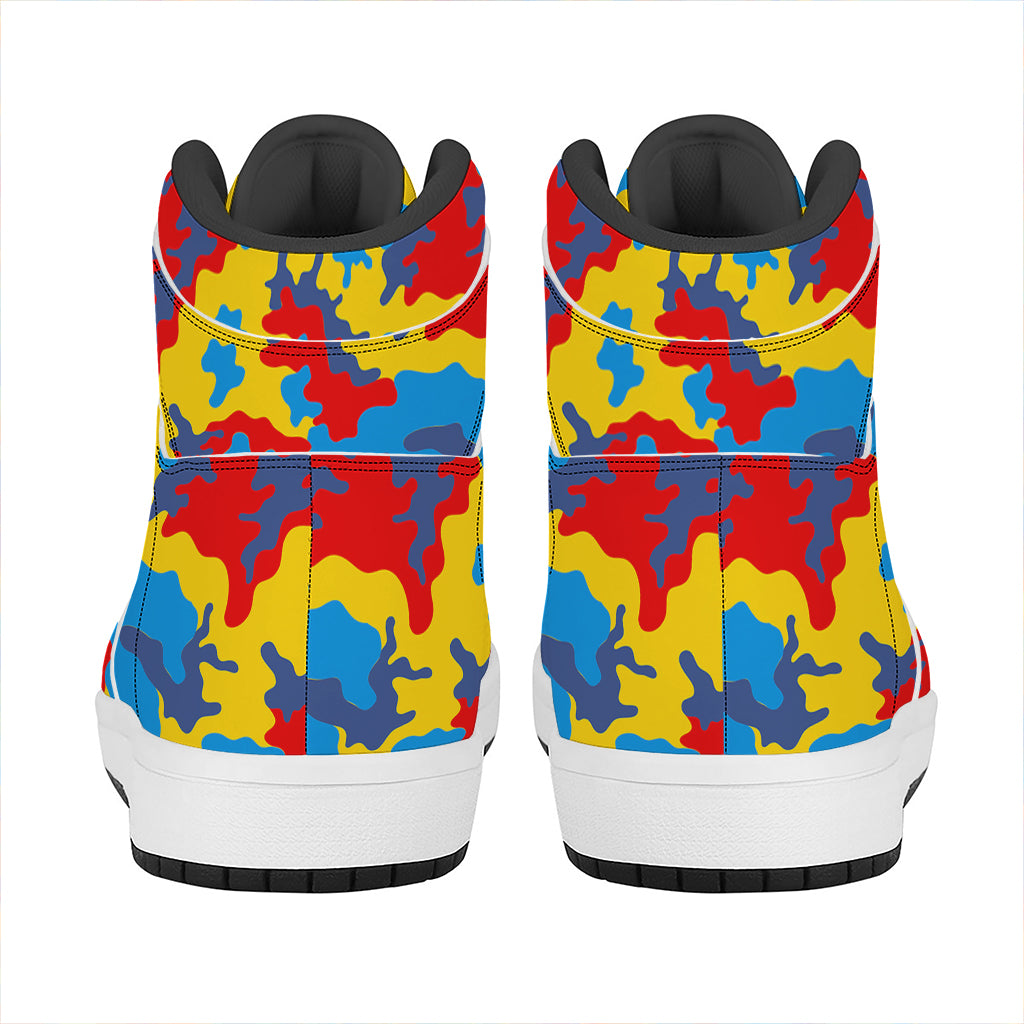 Red Yellow And Blue Camouflage Print High Top Leather Sneakers