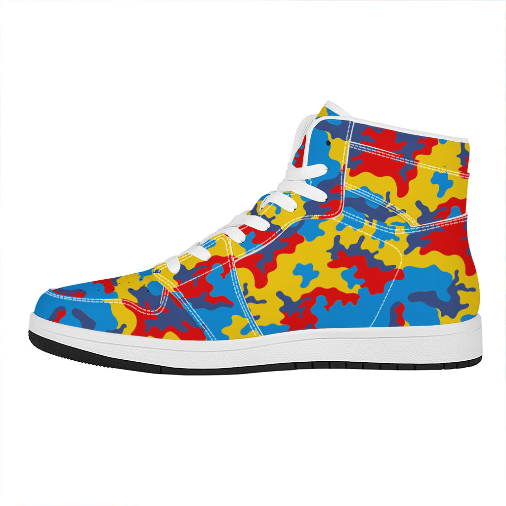Red Yellow And Blue Camouflage Print High Top Leather Sneakers