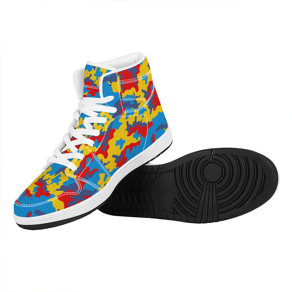 Red Yellow And Blue Camouflage Print High Top Leather Sneakers