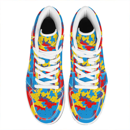 Red Yellow And Blue Camouflage Print High Top Leather Sneakers