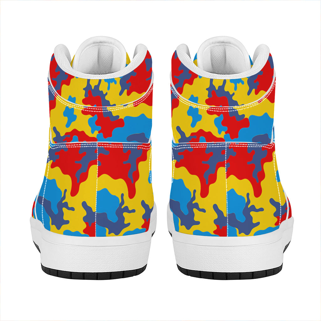 Red Yellow And Blue Camouflage Print High Top Leather Sneakers