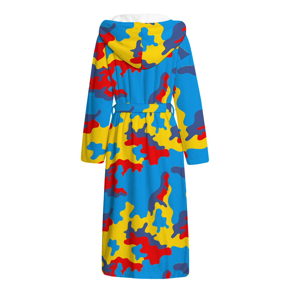 Red Yellow And Blue Camouflage Print Hooded Bathrobe