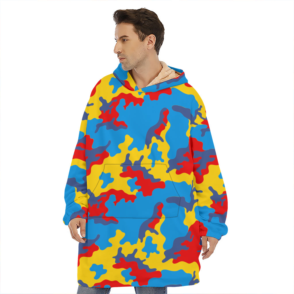 Red Yellow And Blue Camouflage Print Hoodie Blanket