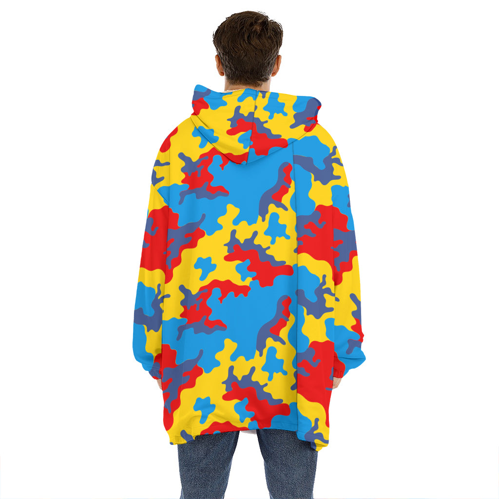 Red Yellow And Blue Camouflage Print Hoodie Blanket