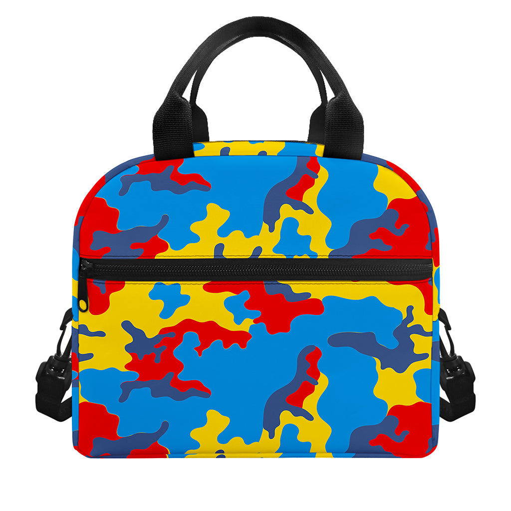 Red Yellow And Blue Camouflage Print Insulated Lunch Bag