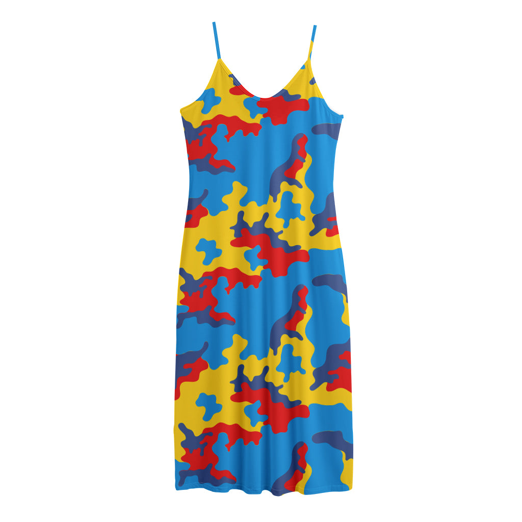 Red Yellow And Blue Camouflage Print Jersey Midi Cami Dress