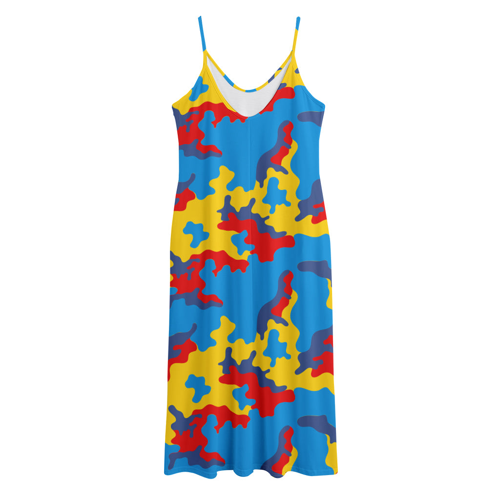 Red Yellow And Blue Camouflage Print Jersey Midi Cami Dress