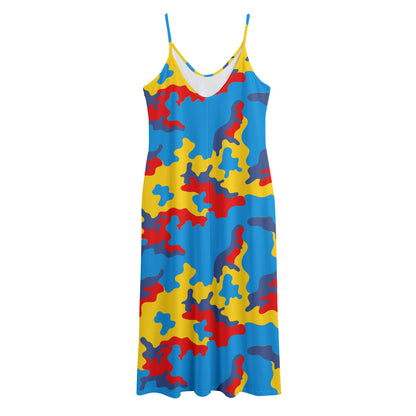 Red Yellow And Blue Camouflage Print Jersey Midi Cami Dress