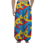 Red Yellow And Blue Camouflage Print Lantern Pants