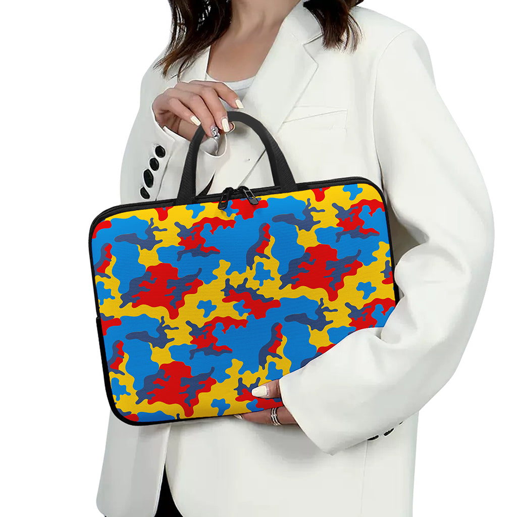 Red Yellow And Blue Camouflage Print Laptop Sleeve With Handle