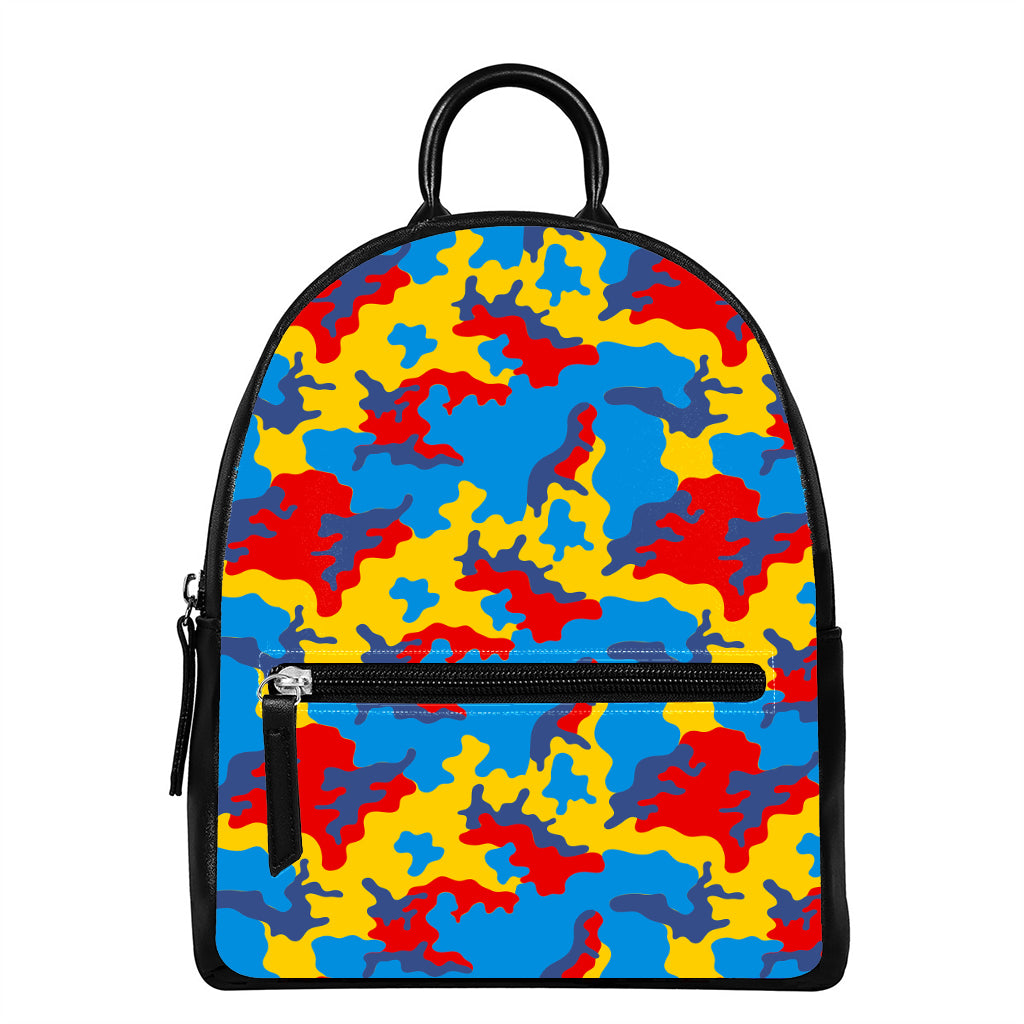 Red Yellow And Blue Camouflage Print Leather Backpack