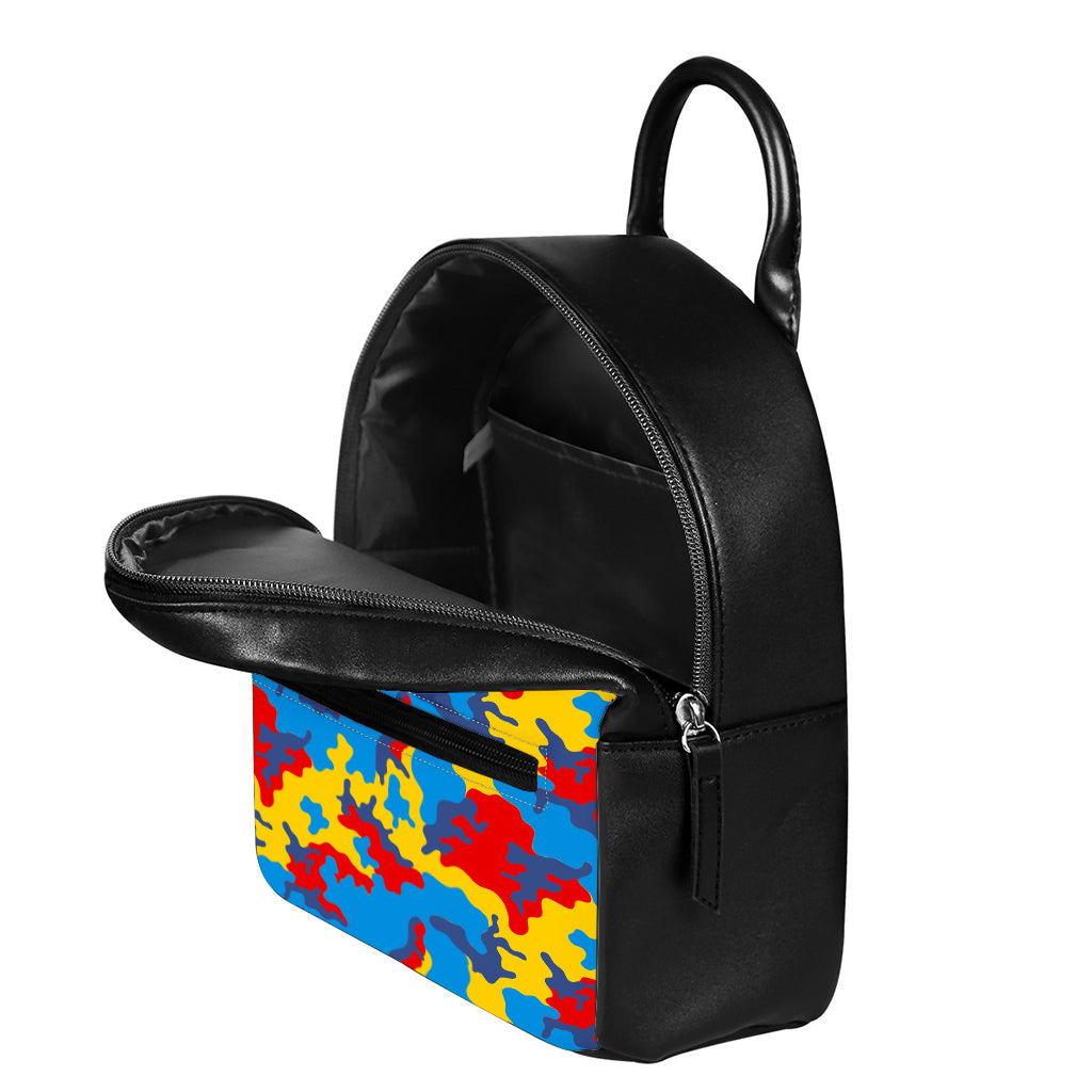 Red Yellow And Blue Camouflage Print Leather Backpack
